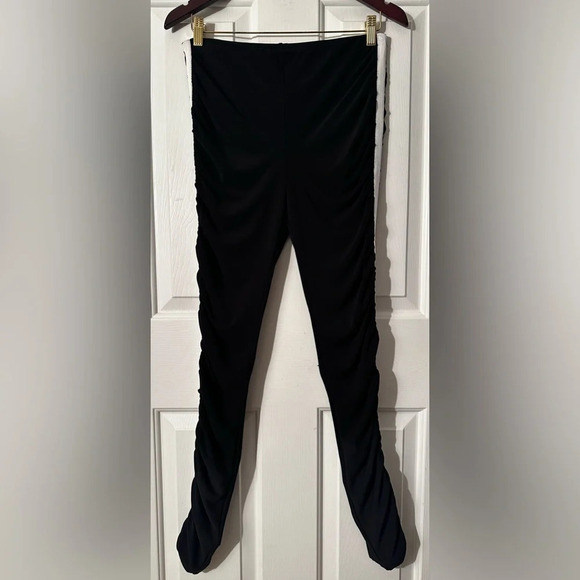 Cinq à sept Black Gathered Ruched Leggings White Tuxedo Stripe MED Track Pants - Picture 1 of 8